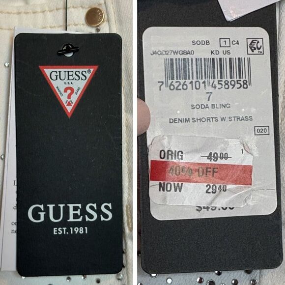 GUESS KIDS - NWT - Girls Sz 7 - White Denim Shorts with Sparkly Rhinestones - Picture 12 of 15